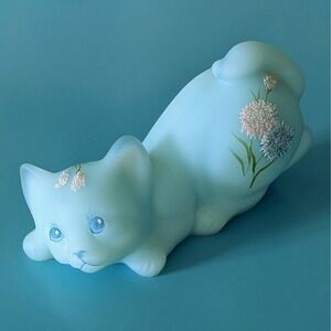 Fenton Blue Satin Glass Cat Figurine Hand Painted Floral T Watson Vintage